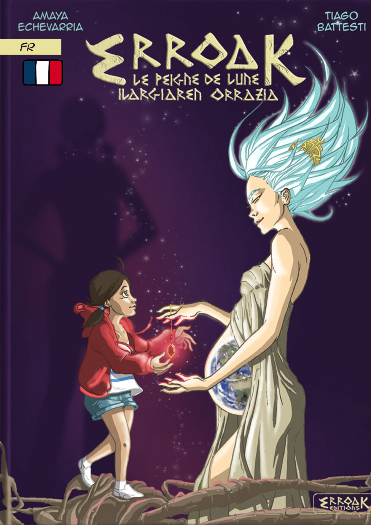 couverture du tome 1 de la BD Erroak, on y voit une jeune fille à la veste rouge et une femme au cheveux bleu/blanc qui porte la terre dans son ventre. Les deux personnages sont face à face