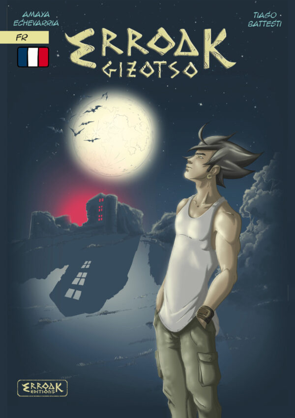 couverture du tome 2 de la BD Erroak, on y voit un jeune homme en débardeur blanc qui lève la tête vers la lune