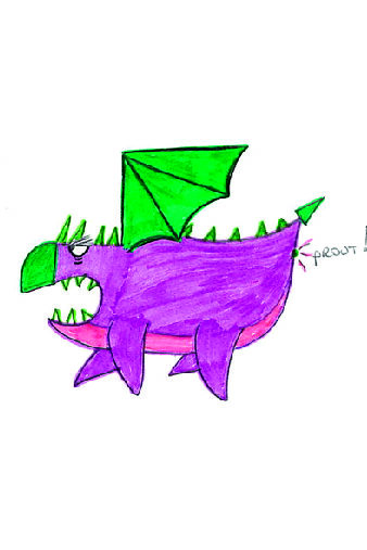 dessin d'enfant d'un petit dragon violet aux ailes vertes
