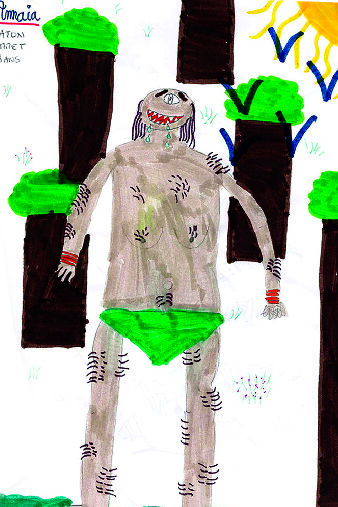 dessin d'enfant d'un géant en slip vert dans la forêt
